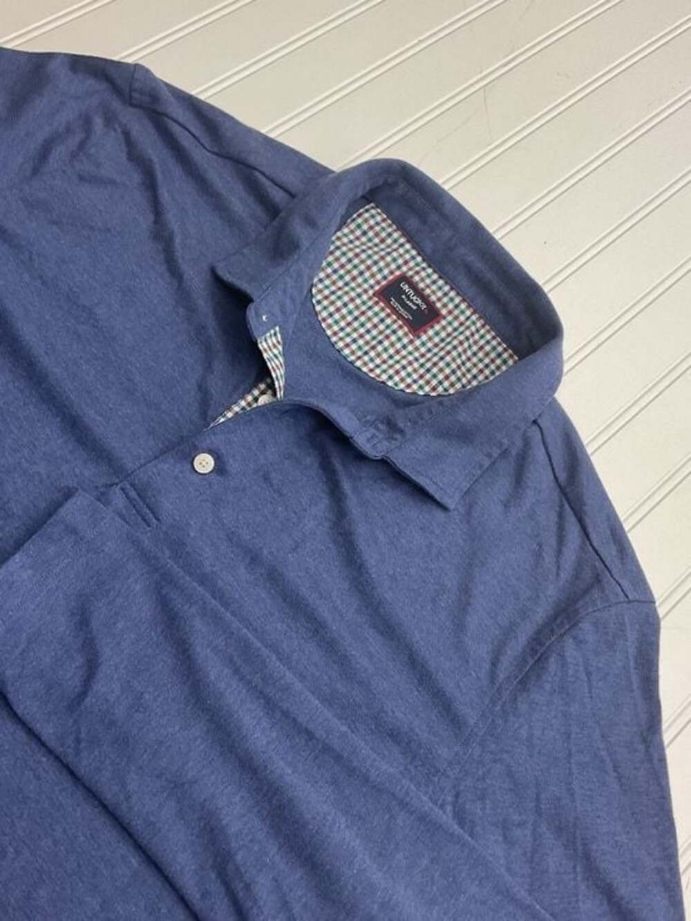 UNTUCKit Men's Long-Sleeve Polo Shirt Heather Blue Plaid Accent Collar XL